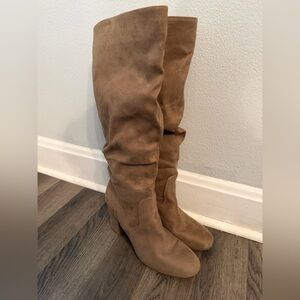 JustFab Leona Taupe Faux Suede Ruched Tall Boots - Size 10